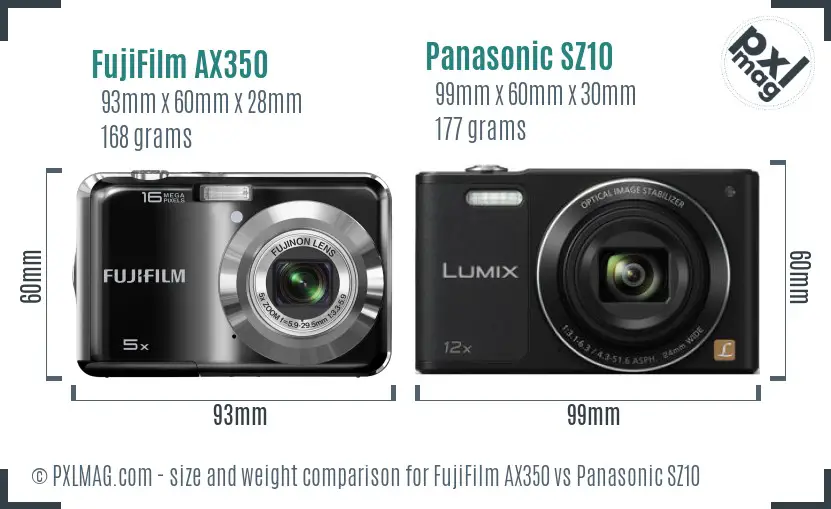 FujiFilm AX350 vs Panasonic SZ10 size comparison