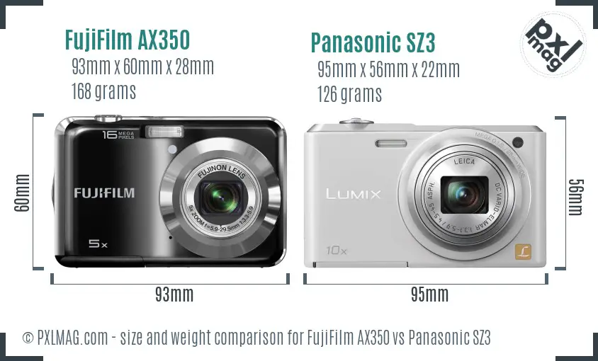 Size and ergonomics comparison between FujiFilm AX350 and Panasonic SZ3