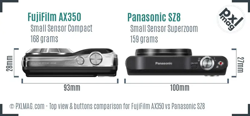 FujiFilm AX350 vs Panasonic SZ8 top view buttons comparison