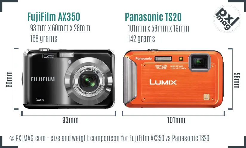 FujiFilm AX350 vs Panasonic TS20 size comparison