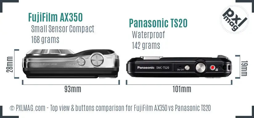 FujiFilm AX350 vs Panasonic TS20 top view buttons comparison