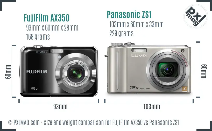 FujiFilm AX350 vs Panasonic ZS1 size comparison