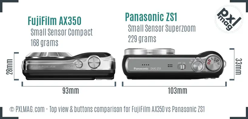 FujiFilm AX350 vs Panasonic ZS1 top view buttons comparison
