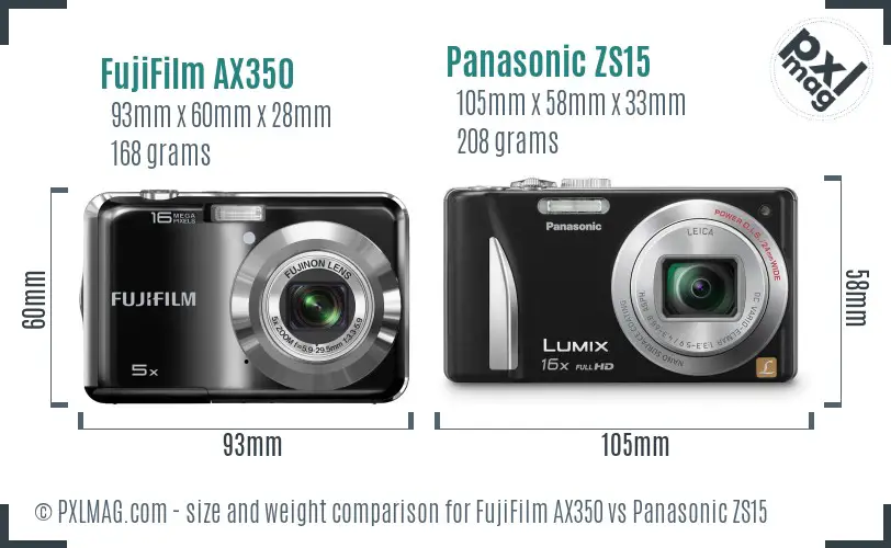 FujiFilm AX350 vs Panasonic ZS15 size comparison