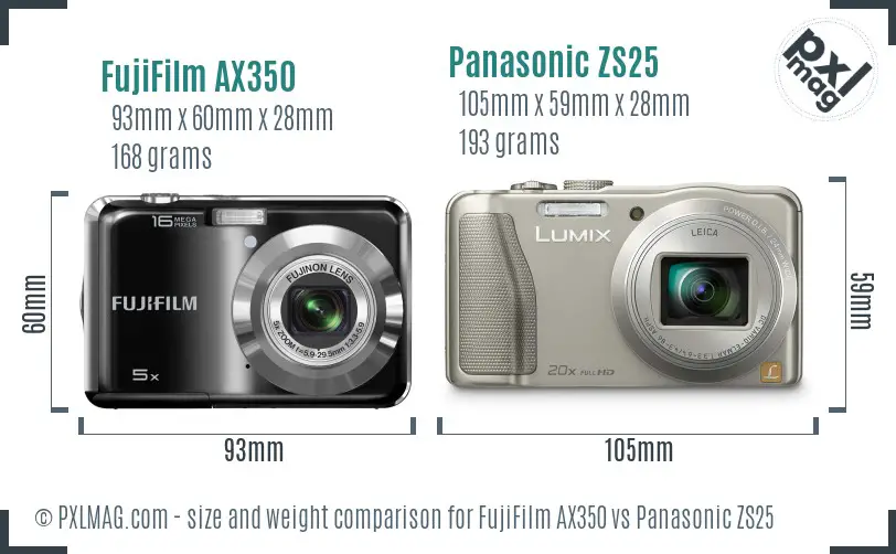 FujiFilm AX350 vs Panasonic ZS25 size comparison