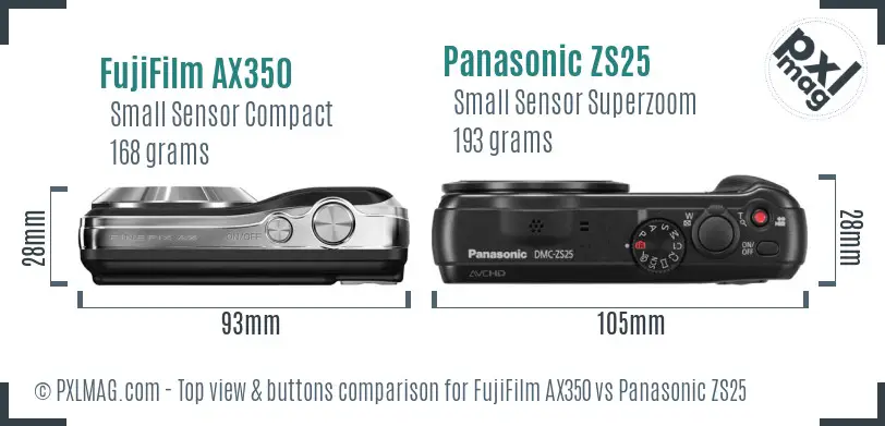 FujiFilm AX350 vs Panasonic ZS25 top view buttons comparison