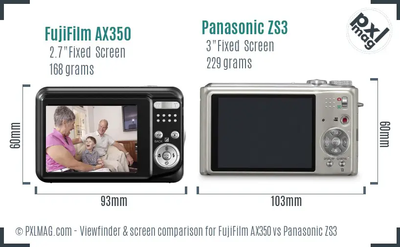 FujiFilm AX350 vs Panasonic ZS3 Screen and Viewfinder comparison