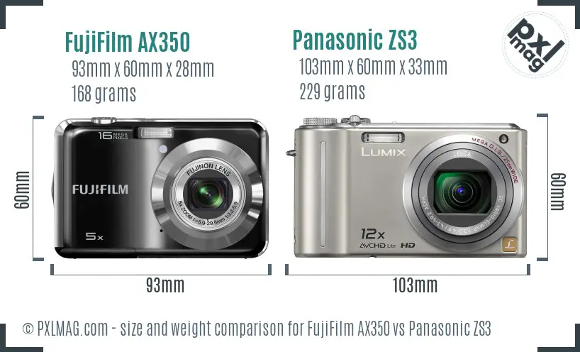 FujiFilm AX350 vs Panasonic ZS3 size comparison