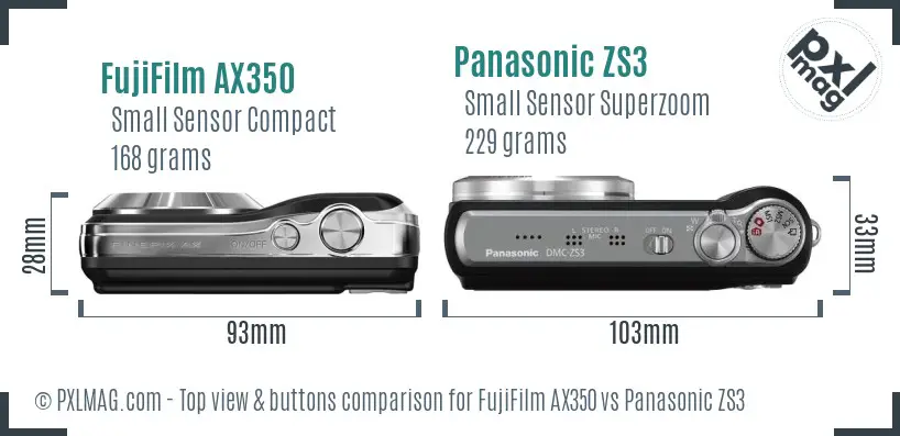 FujiFilm AX350 vs Panasonic ZS3 top view buttons comparison