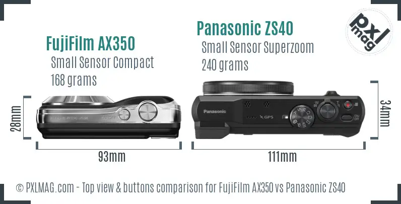 FujiFilm AX350 vs Panasonic ZS40 top view buttons comparison FujiFilm AX350 vs Panasonic ZS40 top view buttons comparison