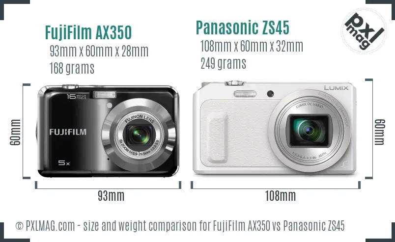 FujiFilm AX350 vs Panasonic ZS45 size comparison