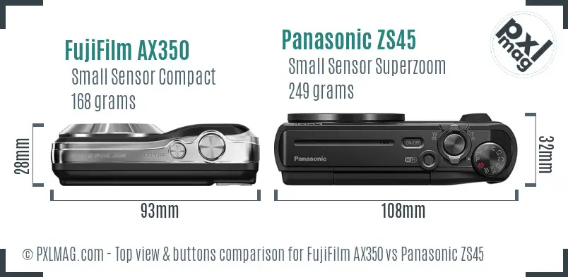 FujiFilm AX350 vs Panasonic ZS45 top view buttons comparison