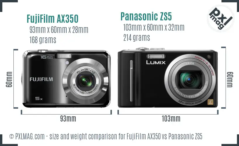 FujiFilm AX350 vs Panasonic ZS5 size comparison