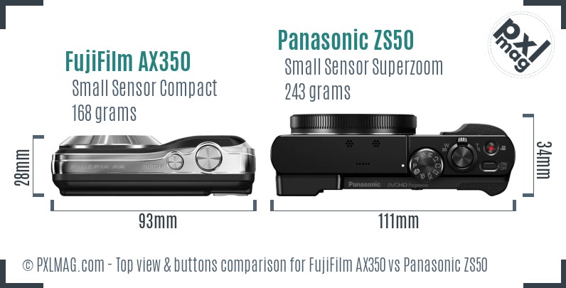 FujiFilm AX350 vs Panasonic ZS50 top view buttons comparison