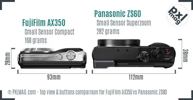 FujiFilm AX350 vs Panasonic ZS60 top view buttons comparison