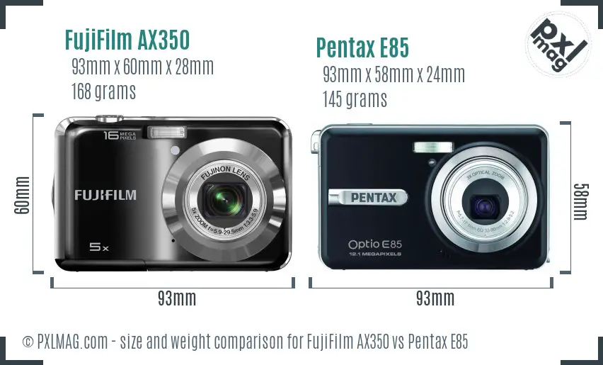 Comparing physical size and ergonomics of FujiFilm AX350 and Pentax E85