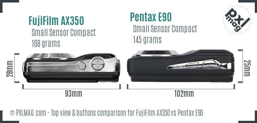 FujiFilm AX350 vs Pentax E90 top view buttons comparison FujiFilm AX350 vs Pentax E90 top view buttons comparison