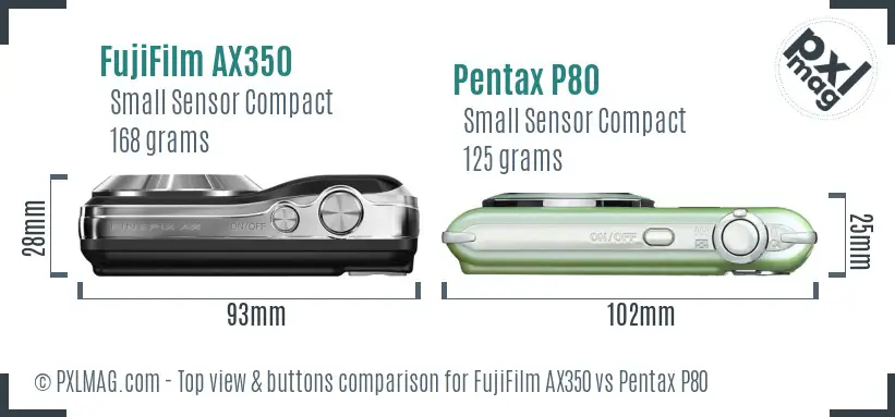 FujiFilm AX350 vs Pentax P80 top view buttons comparison