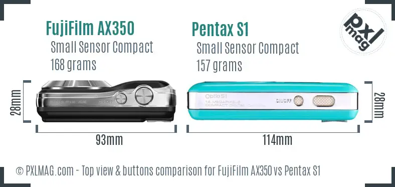 FujiFilm AX350 vs Pentax S1 top view buttons comparison FujiFilm AX350 vs Pentax S1 top view buttons comparison