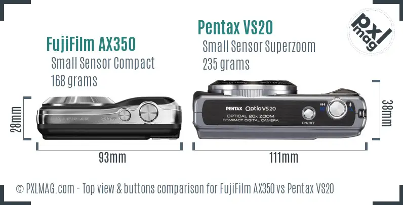 FujiFilm AX350 vs Pentax VS20 top view buttons comparison FujiFilm AX350 vs Pentax VS20 top view buttons comparison