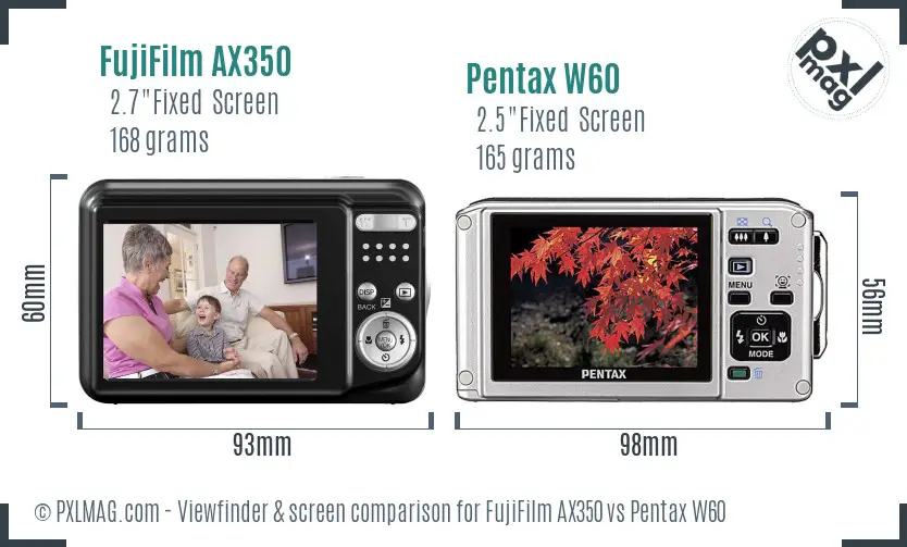 FujiFilm AX350 vs Pentax W60 Screen and Viewfinder comparison