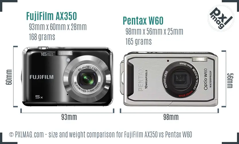 FujiFilm AX350 vs Pentax W60 size comparison
