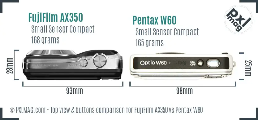 FujiFilm AX350 vs Pentax W60 top view buttons comparison