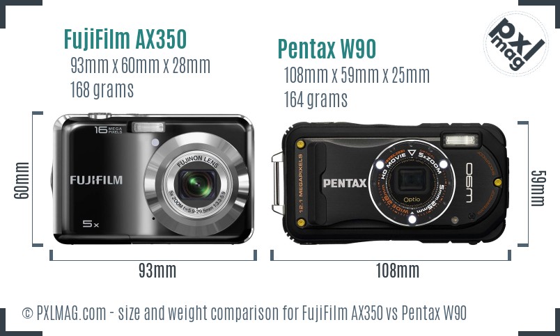 FujiFilm AX350 vs Pentax W90 size comparison