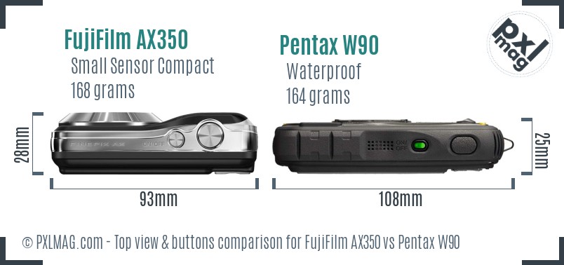 FujiFilm AX350 vs Pentax W90 top view buttons comparison