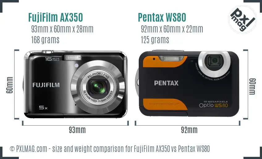 FujiFilm AX350 vs Pentax WS80 size comparison