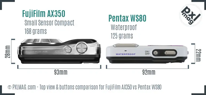 FujiFilm AX350 vs Pentax WS80 top view buttons comparison