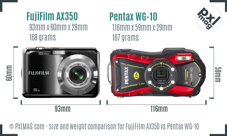 FujiFilm AX350 vs Pentax WG-10 size comparison
