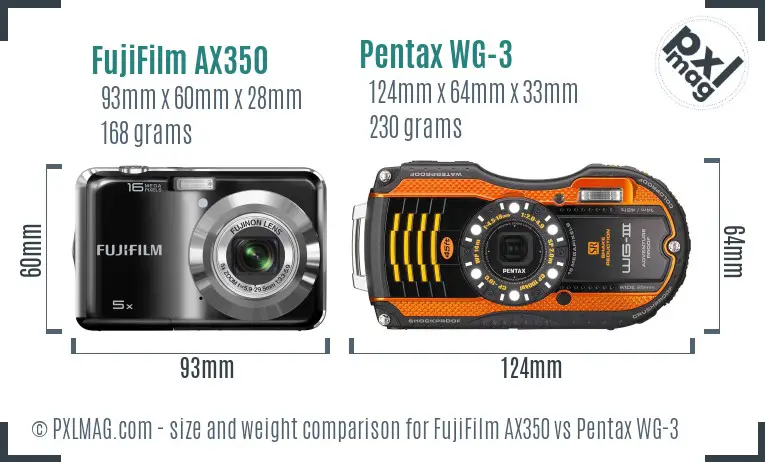 FujiFilm AX350 vs Pentax WG-3 size comparison