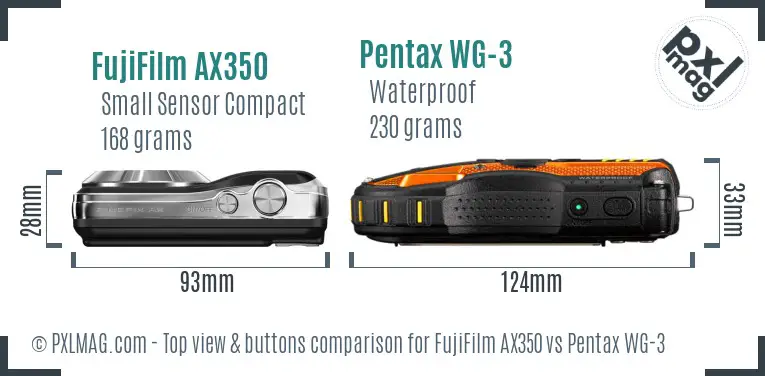FujiFilm AX350 vs Pentax WG-3 top view buttons comparison