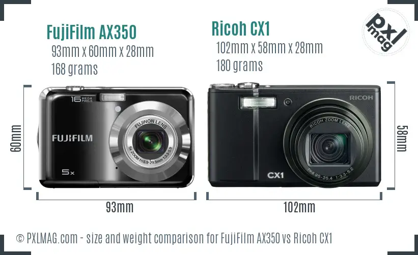 FujiFilm AX350 vs Ricoh CX1 size comparison