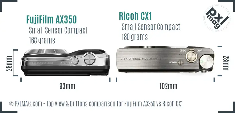 FujiFilm AX350 vs Ricoh CX1 top view buttons comparison