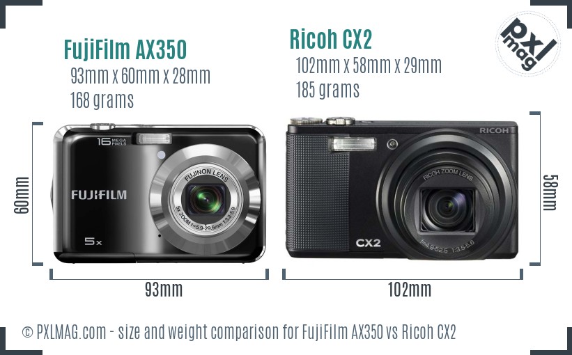 FujiFilm AX350 vs Ricoh CX2 size comparison