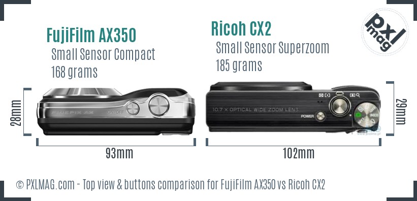 FujiFilm AX350 vs Ricoh CX2 top view buttons comparison