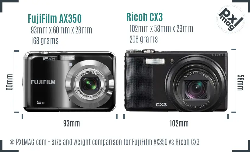 FujiFilm AX350 vs Ricoh CX3 size comparison