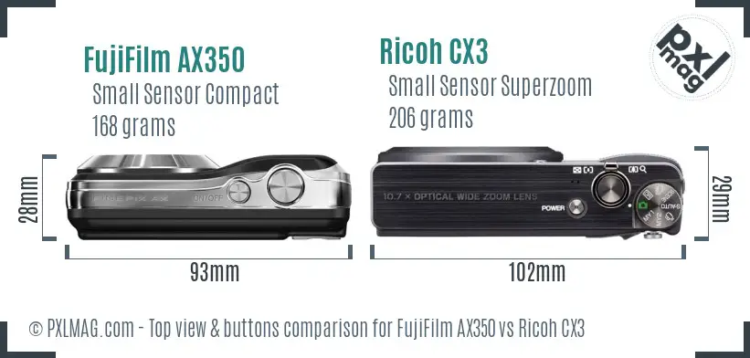 FujiFilm AX350 vs Ricoh CX3 top view buttons comparison