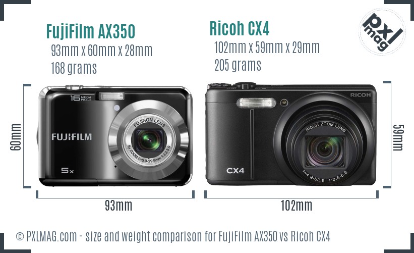 FujiFilm AX350 vs Ricoh CX4 size comparison FujiFilm AX350 vs Ricoh CX4 size comparison