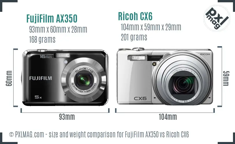 FujiFilm AX350 vs Ricoh CX6 size comparison