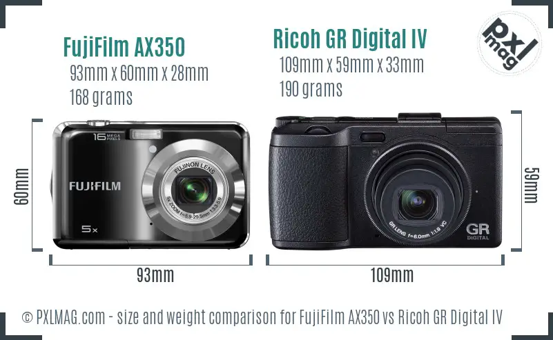 FujiFilm AX350 vs Ricoh GR Digital IV size comparison