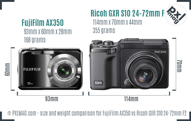 FujiFilm AX350 vs Ricoh GXR S10 24-72mm F2.5-4.4 VC size comparison FujiFilm AX350 vs Ricoh GXR S10 24-72mm F2.5-4.4 VC size comparison