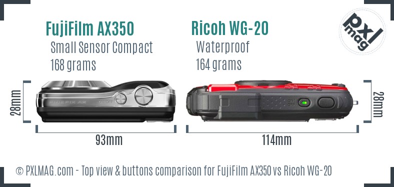 FujiFilm AX350 vs Ricoh WG-20 top view buttons comparison