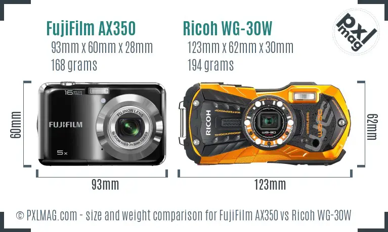 FujiFilm AX350 vs Ricoh WG-30W size comparison FujiFilm AX350 vs Ricoh WG-30W size comparison