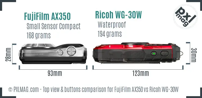 FujiFilm AX350 vs Ricoh WG-30W top view buttons comparison FujiFilm AX350 vs Ricoh WG-30W top view buttons comparison