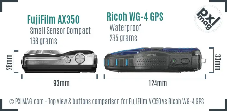 FujiFilm AX350 vs Ricoh WG-4 GPS top view buttons comparison FujiFilm AX350 vs Ricoh WG-4 GPS top view buttons comparison