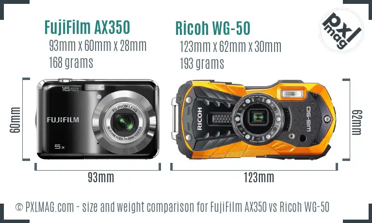 FujiFilm AX350 vs Ricoh WG-50 size comparison FujiFilm AX350 vs Ricoh WG-50 size comparison