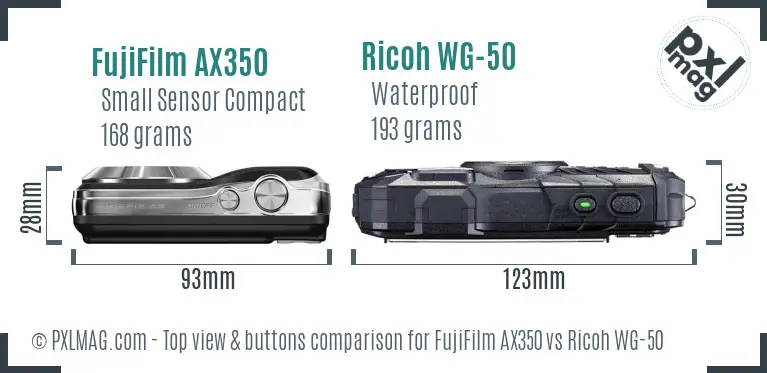 FujiFilm AX350 vs Ricoh WG-50 top view buttons comparison FujiFilm AX350 vs Ricoh WG-50 top view buttons comparison
